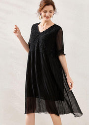 Comfy Black Wrinkled Patchwork Spring Short Sleeve Dress - bagstylebliss