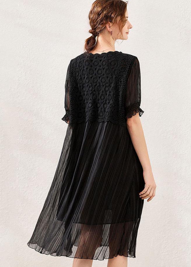 Comfy Black Wrinkled Patchwork Spring Short Sleeve Dress - bagstylebliss