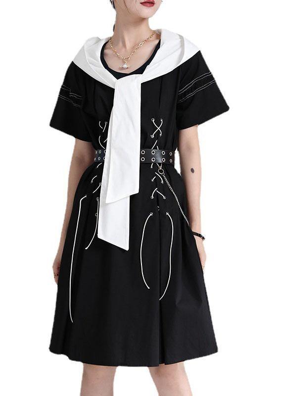 Comfy Black hooded Design Patchwork Summer Mini Dresses Short Sleeve - bagstylebliss