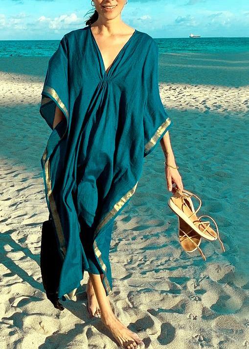 Comfy Blue Cinched Butterfly Sleeve Beach Gown Vacation Summer - bagstylebliss