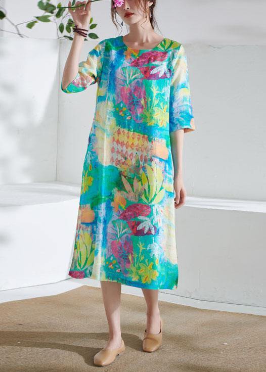 Comfy Blue O-Neck Patchwork Print Summer Ramie Party Dress - bagstylebliss