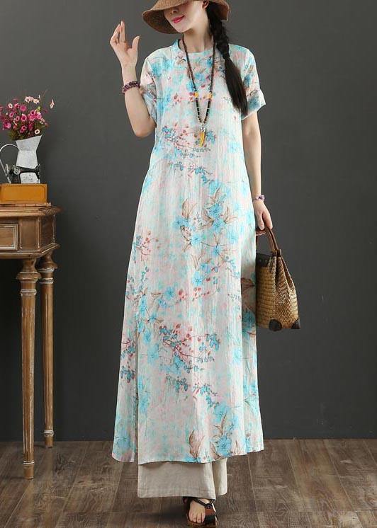 Comfy Blue Print Linen Short Sleeve Summer Vacation Dresses - bagstylebliss