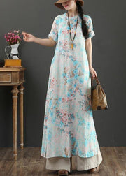 Comfy Blue Print Linen Short Sleeve Summer Vacation Dresses - bagstylebliss
