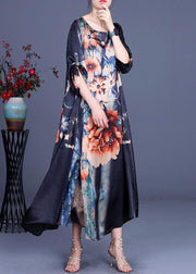 Comfy Blue Print asymmetrical design Half Sleeve Silk Summer Holiday Dress - bagstylebliss