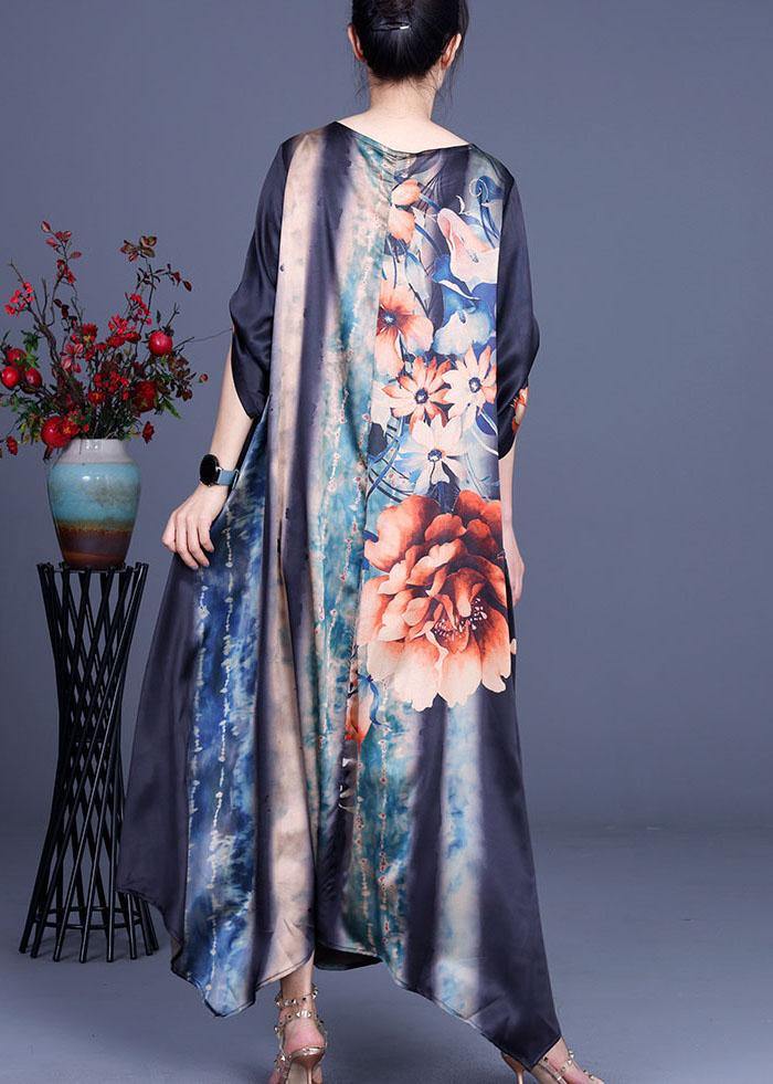Comfy Blue Print asymmetrical design Half Sleeve Silk Summer Holiday Dress - bagstylebliss
