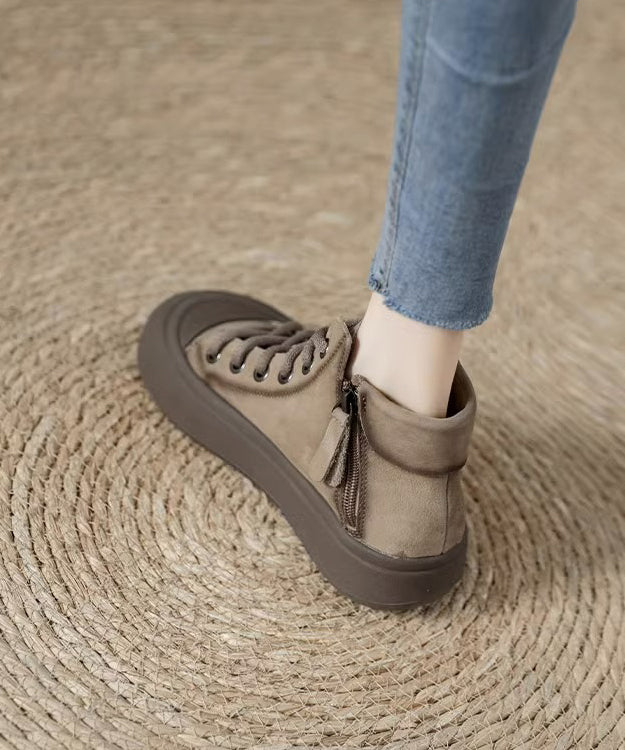 Comfy Brown Cowhide Leather Ankle Boots Splicing Cross Strap