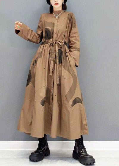 Comfy Brown Pockets Tie Waist Fall Long Sleeve Dresses - bagstylebliss