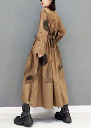 Comfy Brown Pockets Tie Waist Fall Long Sleeve Dresses - bagstylebliss