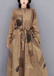 Comfy Brown Pockets Tie Waist Fall Long Sleeve Dresses - bagstylebliss