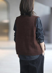 Comfy Chocolate Knit Blouse V Neck Sleeveless Knit Tops - bagstylebliss