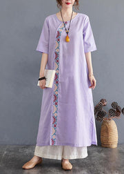 Comfy Comfy Light Purple Embroidery Cotton Linen Maxi Summer Dress - bagstylebliss