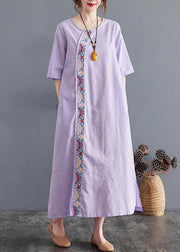 Comfy Comfy Light Purple Embroidery Cotton Linen Maxi Summer Dress - bagstylebliss