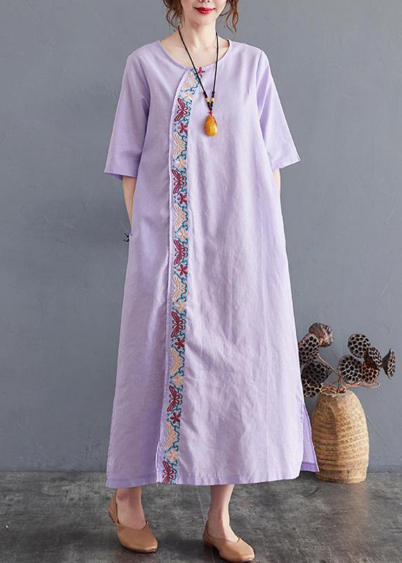 Comfy Comfy Light Purple Embroidery Cotton Linen Maxi Summer Dress - bagstylebliss