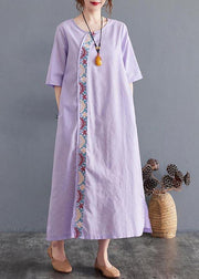 Comfy Comfy Light Purple Embroidery Cotton Linen Maxi Summer Dress - bagstylebliss