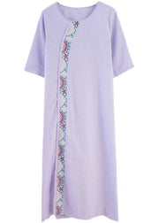 Comfy Comfy Light Purple Embroidery Cotton Linen Maxi Summer Dress - bagstylebliss