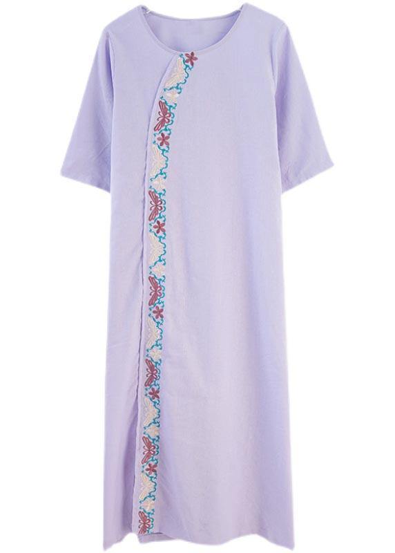 Comfy Comfy Light Purple Embroidery Cotton Linen Maxi Summer Dress - bagstylebliss