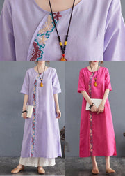 Comfy Comfy Light Purple Embroidery Cotton Linen Maxi Summer Dress - bagstylebliss