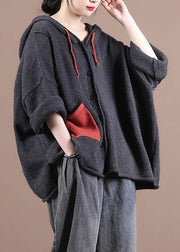 Comfy Dark Grey hooded Pockets Sweater Coat - bagstylebliss