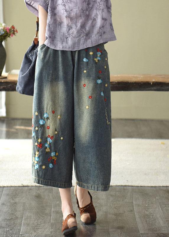 Comfy Dark color Embroideried Hole Wide Leg denim Pants - bagstylebliss