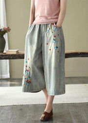 Comfy Grey Embroideried Wide Leg denim Pants For Women - bagstylebliss