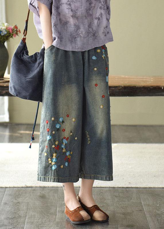 Comfy Dark color Embroideried Hole Wide Leg denim Pants - bagstylebliss