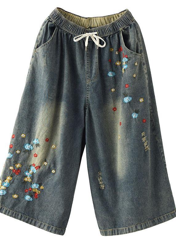 Comfy Dark color Embroideried Hole Wide Leg denim Pants - bagstylebliss