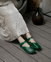 Comfy Green Flats Cowhide Leather Handmade Buckle Strap Flat Shoes