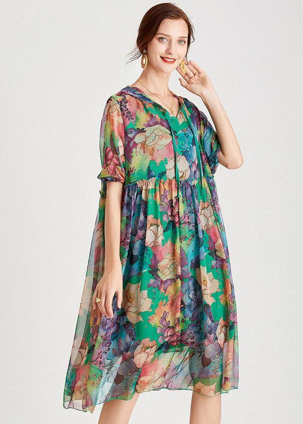 Comfy Green Loose Hooded Summer Chiffon Holiday Dress Half Sleeve - bagstylebliss