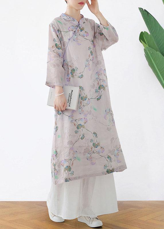 Comfy Light Purple Print Oriental Ramie Maxi Dresses Fall - bagstylebliss