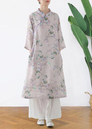 Comfy Light Purple Print Oriental Ramie Maxi Dresses Fall - bagstylebliss