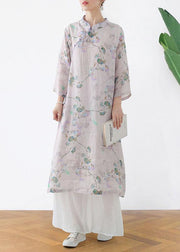 Comfy Light Purple Print Oriental Ramie Maxi Dresses Fall - bagstylebliss