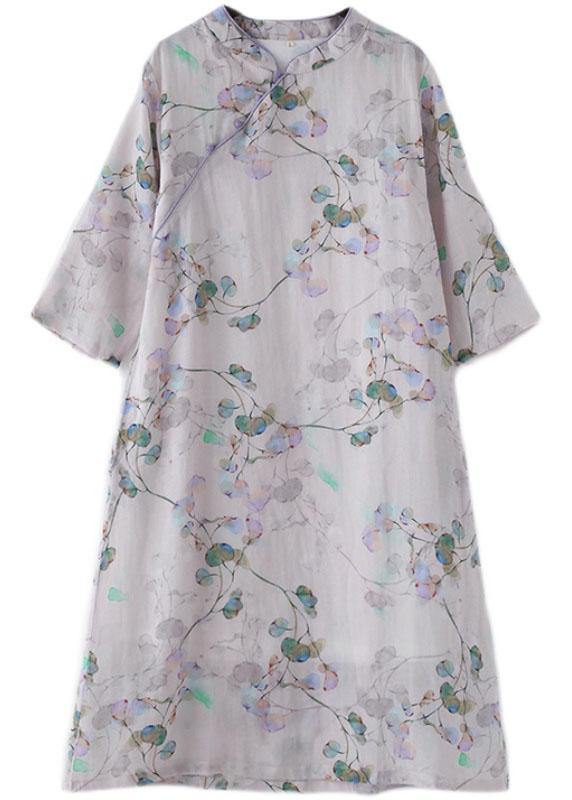 Comfy Light Purple Print Oriental Ramie Maxi Dresses Fall - bagstylebliss