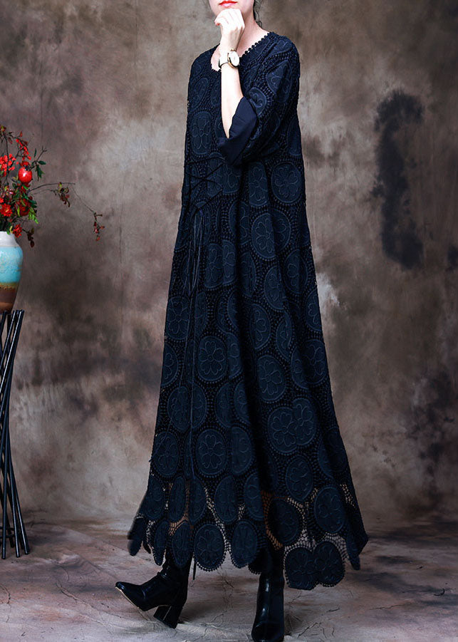 Comfy Navy O-Necktie waist Lace  Fall Long sleeve Holiday Dress