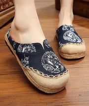 Comfy Navy Print Linen Fabric Slippers Shoes - bagstylebliss