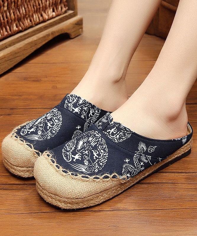 Comfy Navy Print Linen Fabric Slippers Shoes - bagstylebliss
