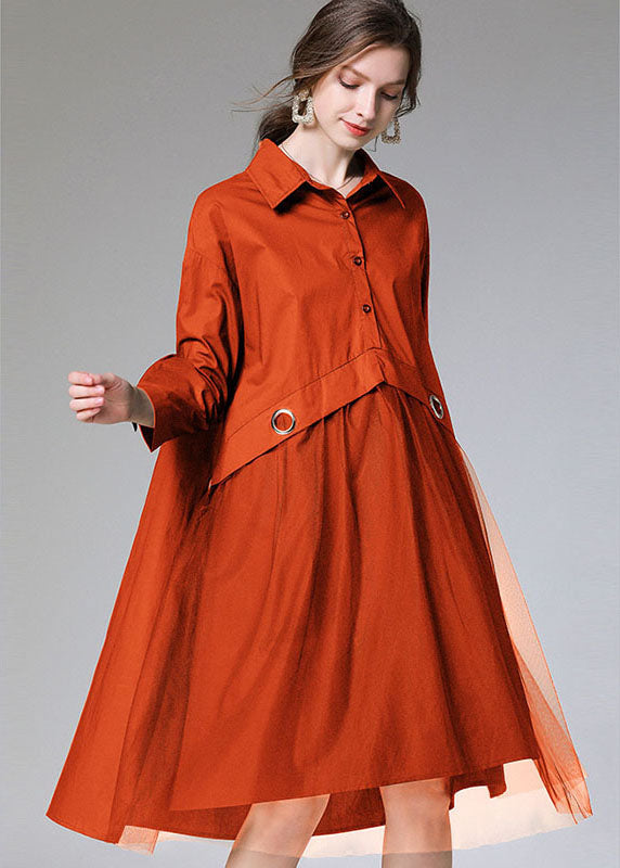 Comfy Orange Peter Pan Colla Cotton Button Fall Party Dress