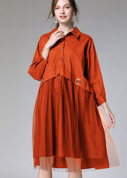 Comfy Orange Peter Pan Colla Cotton Button Fall Party Dress