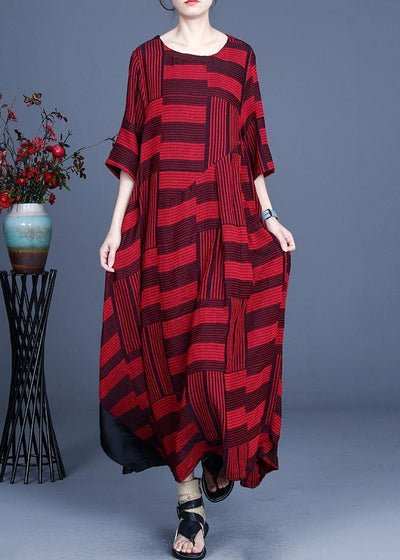 Comfy Red Striped asymmetrical design Maxi Summer Cotton Linen Dress - bagstylebliss