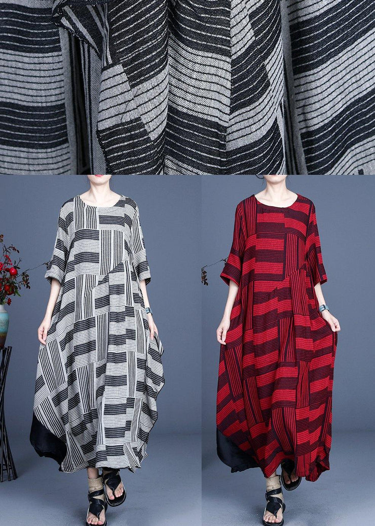 Comfy Red Striped asymmetrical design Maxi Summer Cotton Linen Dress - bagstylebliss