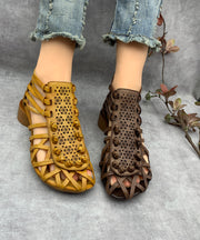 Comfy Splicing Chunky Sandals Coffee Hollow Out Cowhide Leather