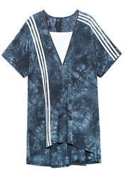 Comfy Tie Dye Blue zippered V Neck Dresses Summer - bagstylebliss