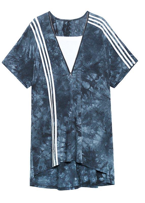 Comfy Tie Dye Blue zippered V Neck Dresses Summer - bagstylebliss