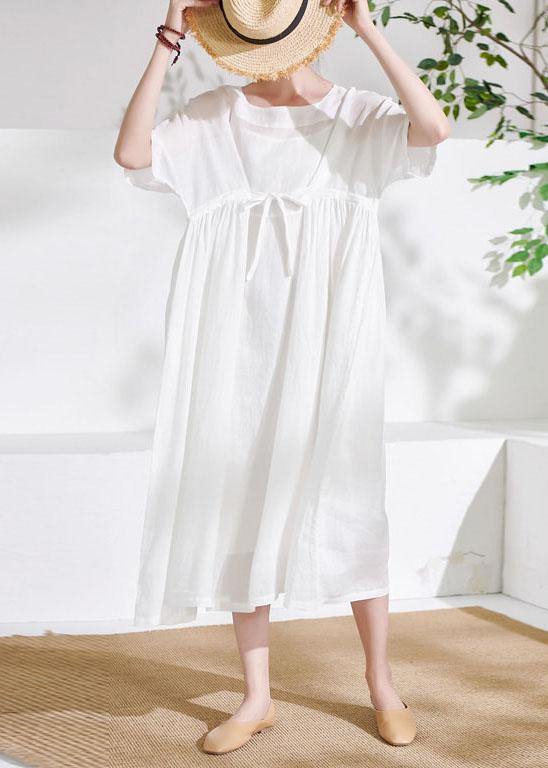 Comfy White Tie Waist Patchwork Summer Ramie Vacation Dresses Half Sleeve - bagstylebliss