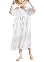 Comfy White Tie Waist Patchwork Summer Ramie Vacation Dresses Half Sleeve - bagstylebliss