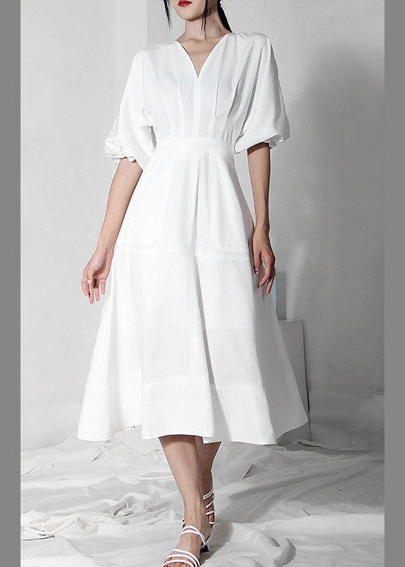 Comfy White V Neck Cotton Lantern sleeve Summer Dress - bagstylebliss