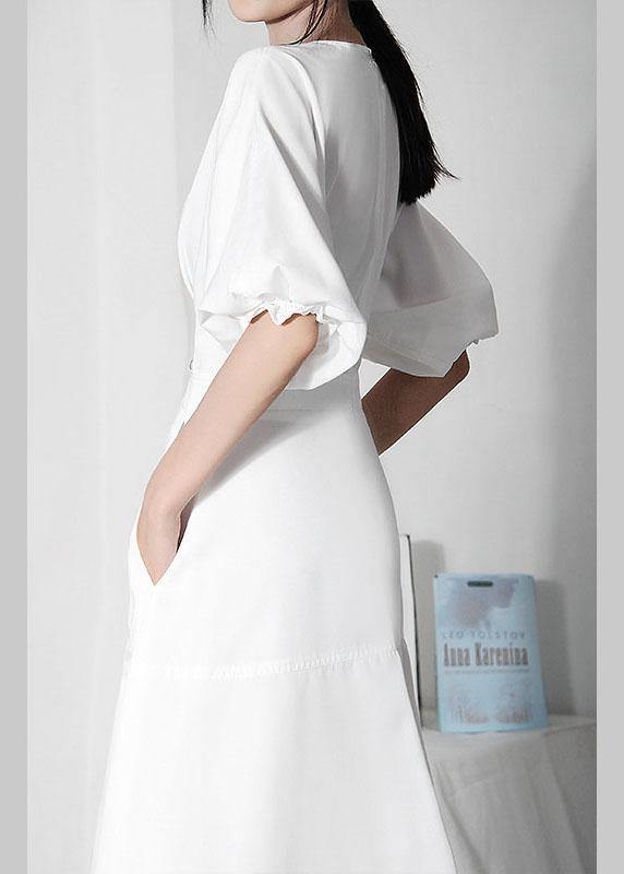 Comfy White V Neck Cotton Lantern sleeve Summer Dress - bagstylebliss