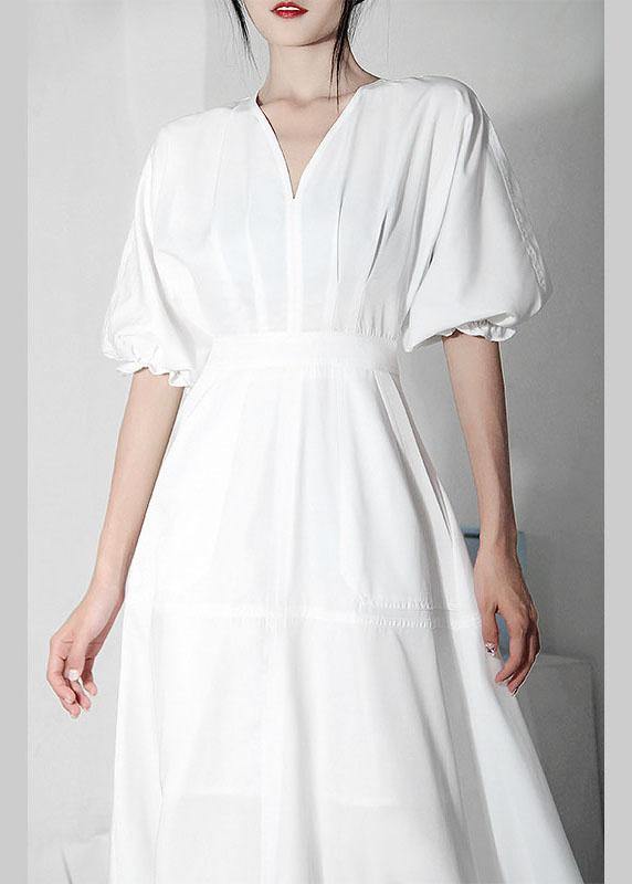 Comfy White V Neck Cotton Lantern sleeve Summer Dress - bagstylebliss