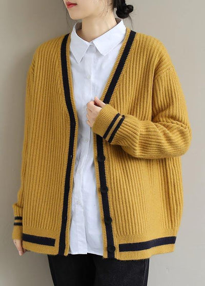 Comfy Yellow Knit Blouse V Neck Button Down Trendy Spring Knitwear - bagstylebliss