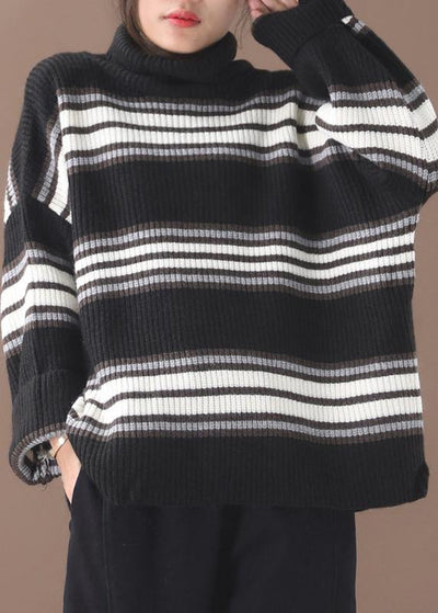Comfy black striped clothes oversized winter sweaters high neck - bagstylebliss