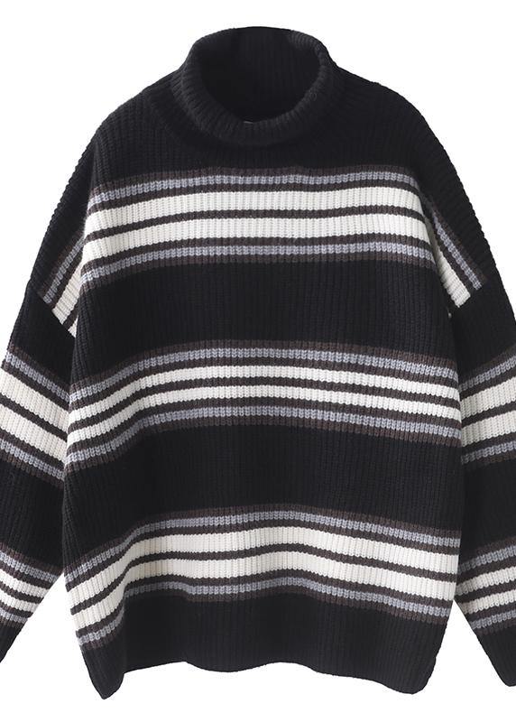 Comfy black striped clothes oversized winter sweaters high neck - bagstylebliss